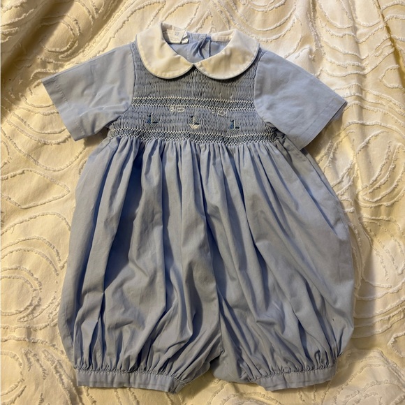 Vintage Light Blue sailboat Smocked Bubble Romper with Peter Pan Collar - Picture 2 of 5